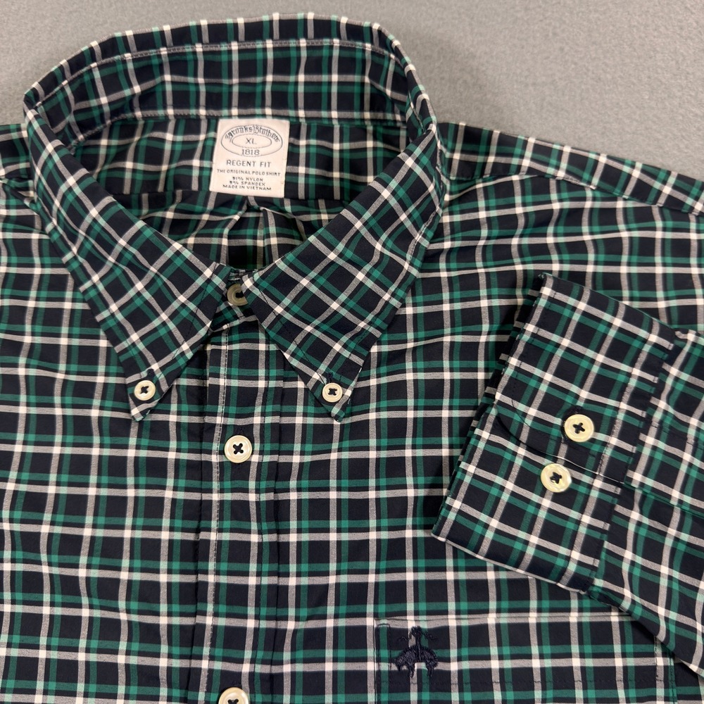 Brooks Brothers Regent Fit Plaid Shirt Mens XL Green Navy Blue Stretch 1818